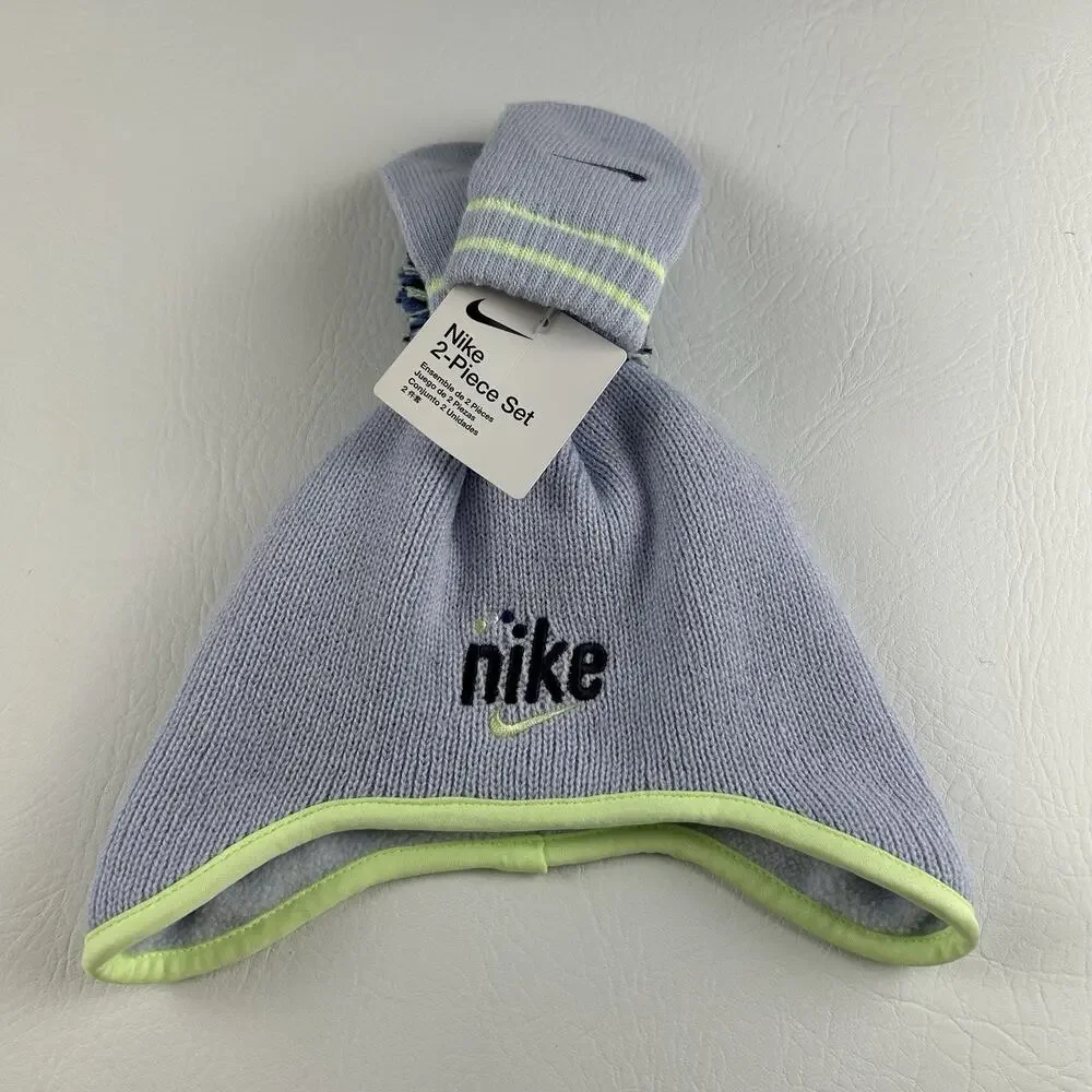 Nike Infant 2 Piece Knit Hat Gloves Set Gray Neon Green Logo NWT